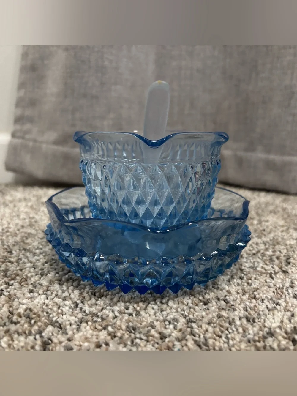 Vintage Indiana Glass Regal Blue Diamond Point Mayonnaise Bowl & Under plate Set